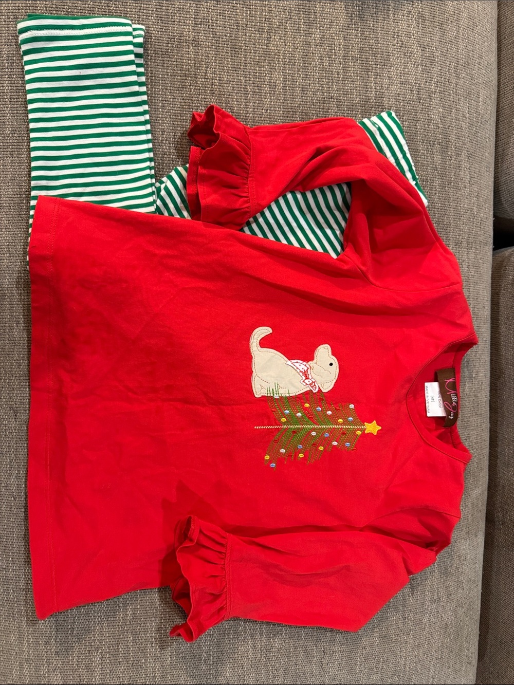 Red Holiday Puppy & Tree Kids Matching Set with Green Stripe Pants